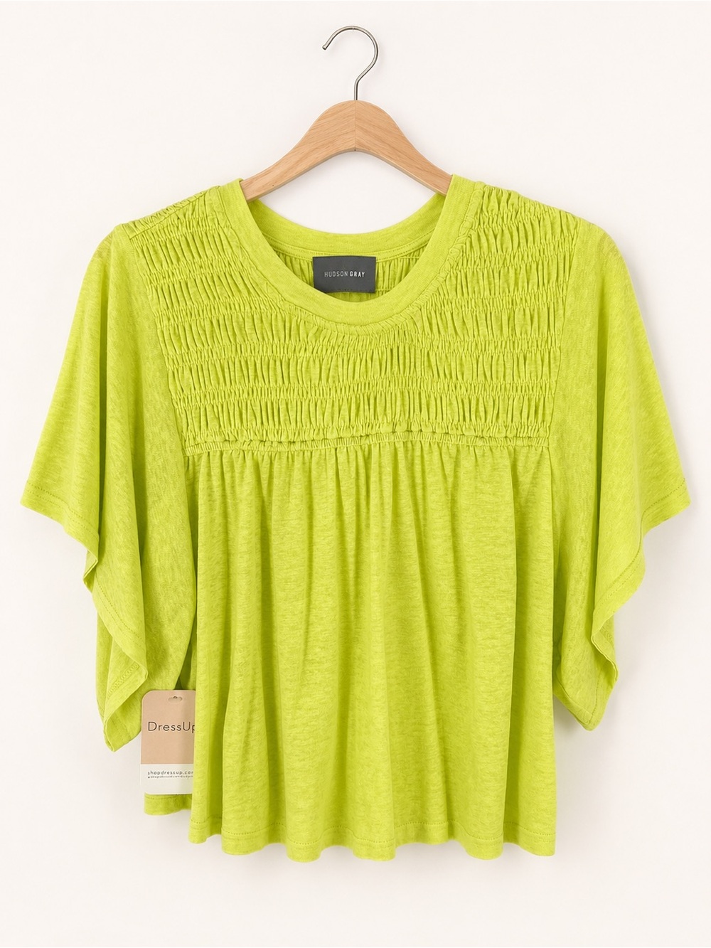 Hudson Gray Lime Linen Blend Smocked Flutter‎ Sleeve Top Size M NWT
